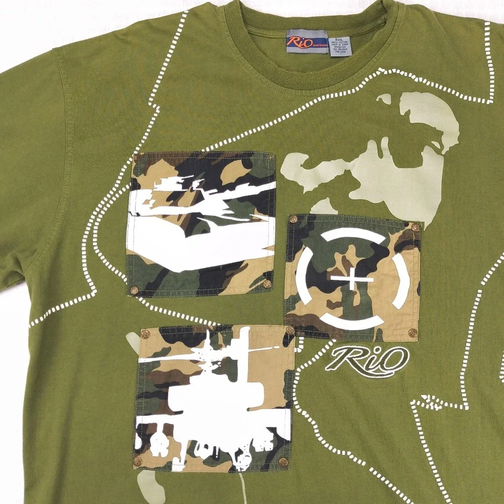 Rio Sportswear Mens XXXL T-Shirt Olive Green Camo Military Helicopter Tank Y2K - Picture 2 of 8